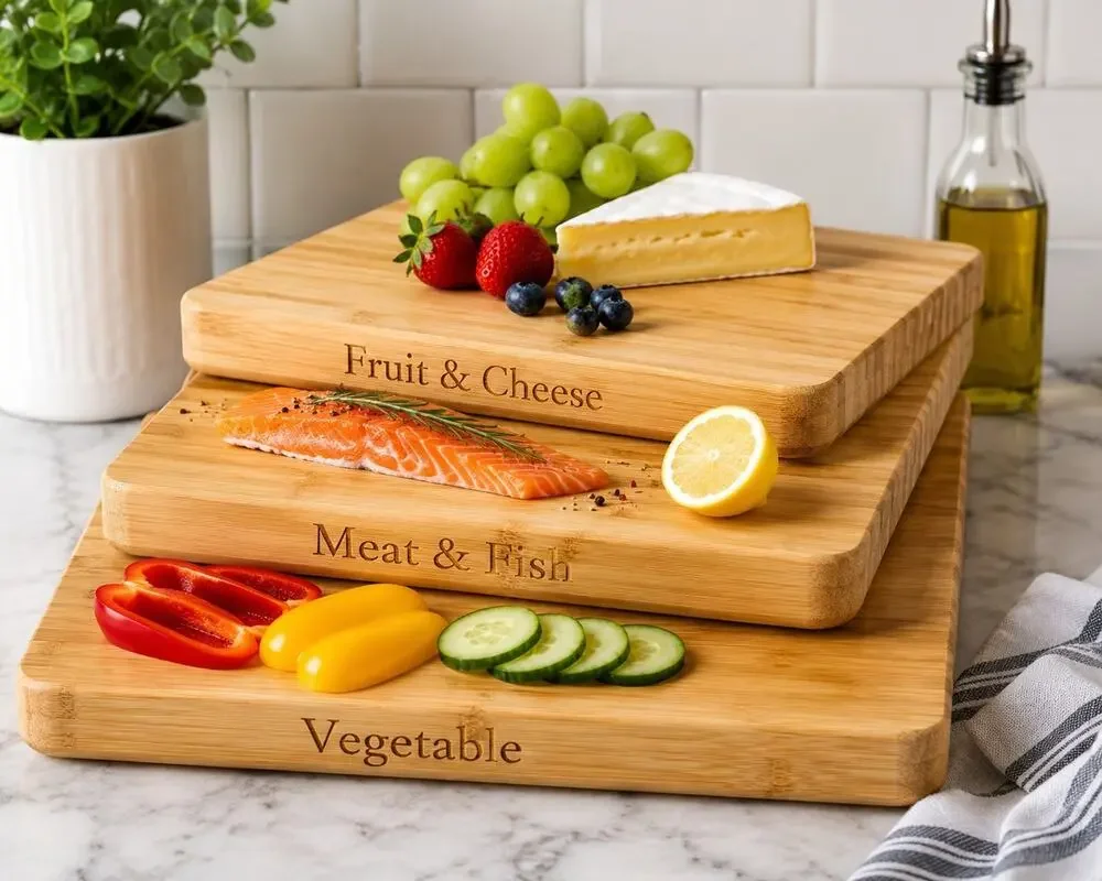 3pc Bamboo Cutting Board Set Fruit Cheese Meat Fish Vegetable Labeled New
